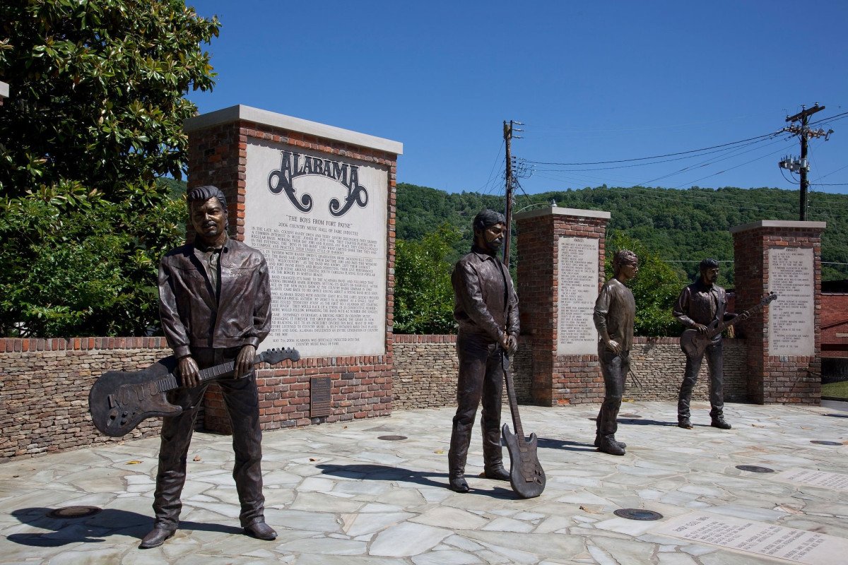 The life-sized bronze statues of the country music band Alabama in a park in their hometown of Fort Payne, Alabama.