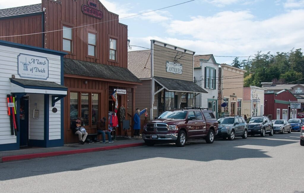 The historic, western-style storefronts along Front Street in Coupeville, Washington, on Whidbey Island.
