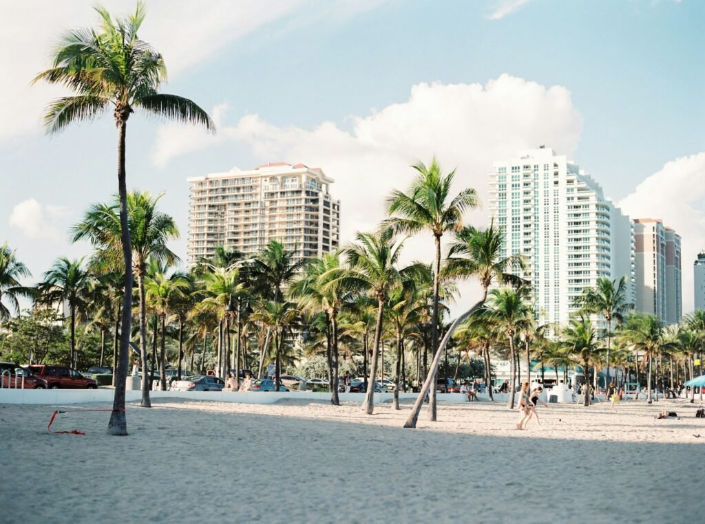 A sunny day on a Miami beach, with people on the sand, palm trees, and high-rise buildings in the background.