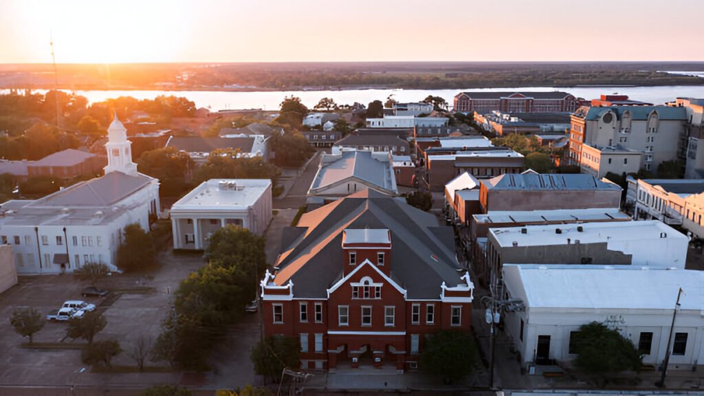 An aerial view of historic downtown Natchez, Mississippi, at sunset, with the Mississippi River in the background.