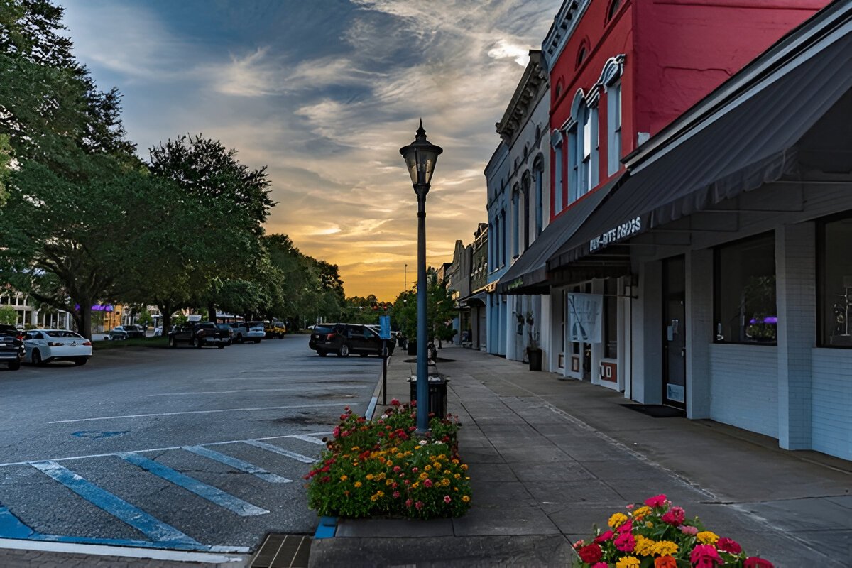 A quiet street in historic downtown Eufaula, Alabama, at sunset, with colorful flowers and vintage street lamps lining the sidewalk.