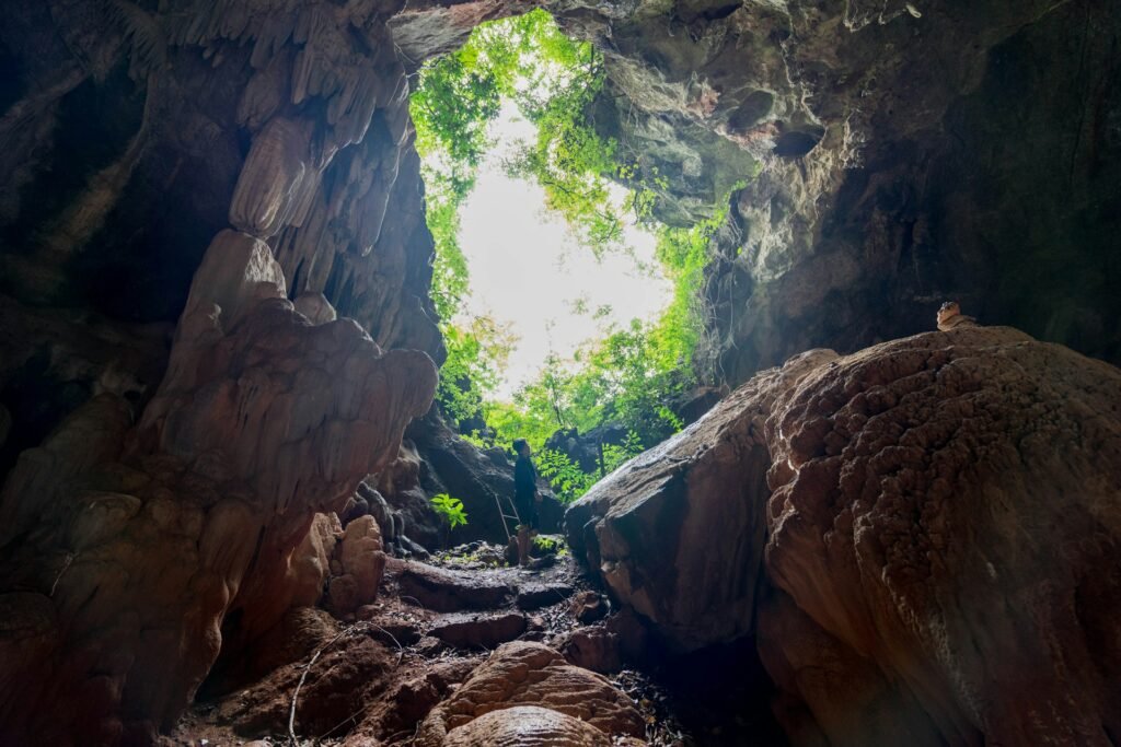 A person standing inside a massive cave in Belize, looking up at the sunlit jungle canopy visible through a large opening in the ceiling.