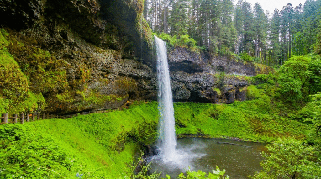 best small towns in Oregon : Silver Falls waterfall near Silverton, Oregon, surrounded by lush forest and hiking trails.