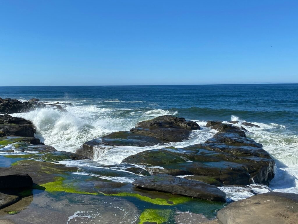 Rugged basalt coastline at Yachats, Oregon with ocean waves and Thor’s Well in view.