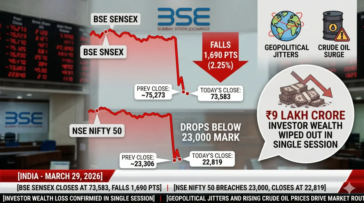 Sensex Crashes 1,700 Points, Nifty Breaches 23,000 Amid Geopolitical Jitters